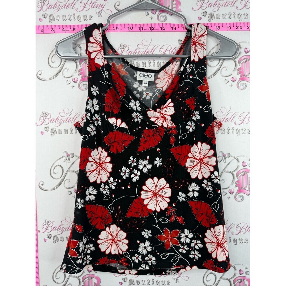 cleo tank top cowl tropical y2k Black Red White Floral V-Neck Camisole
